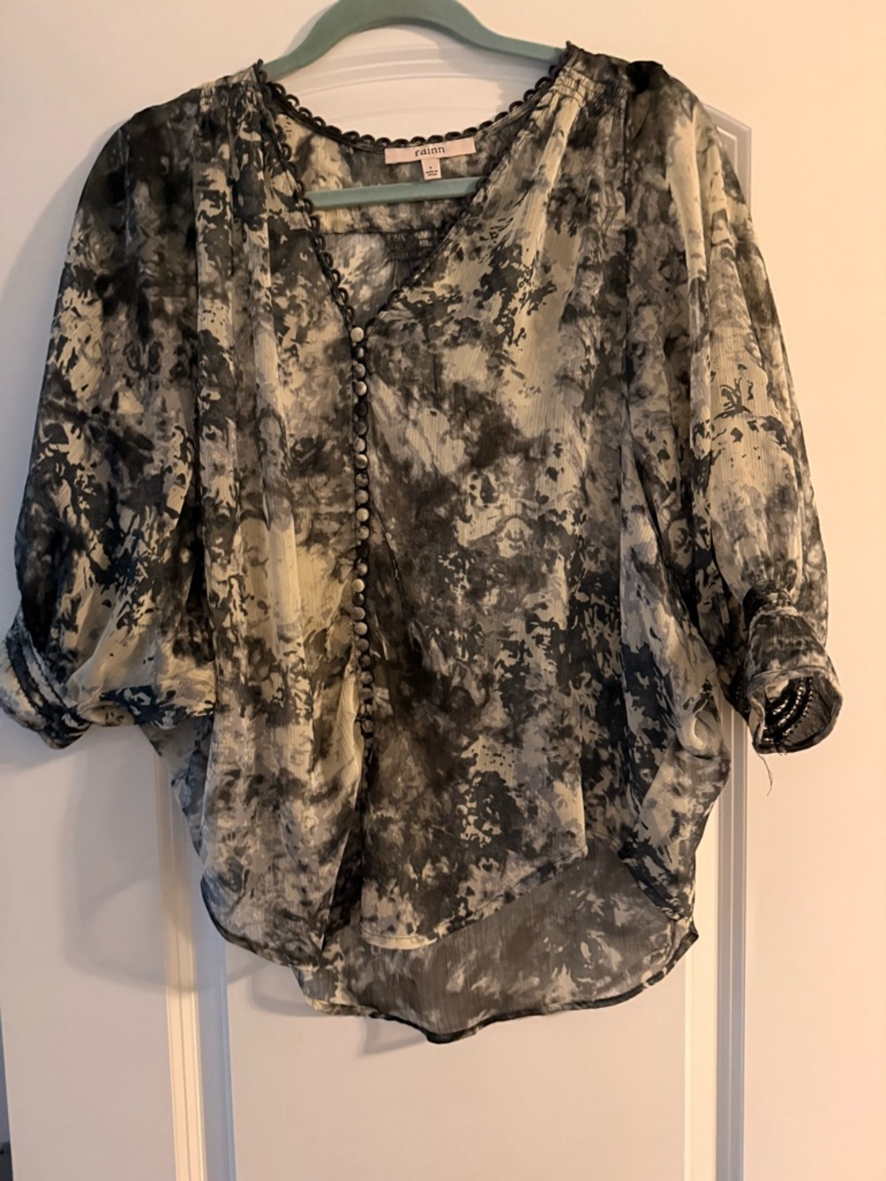 Daniel Rainn Black and Cream Abstract Sheer Button Blouse